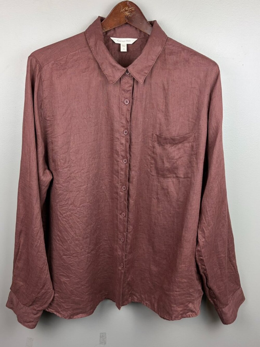 Garnet Hill 100% Linen Brown Button Up Blouse Size 16 Cottage Coastal Lagonlook